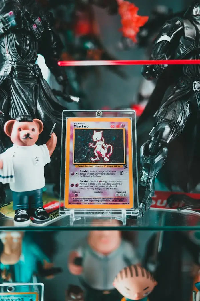 Mastering the First Impression: Your intriguing post title goes here Close-up of rare Mewtwo Pokemon card displayed with various toy figures. Perfect for collectors.