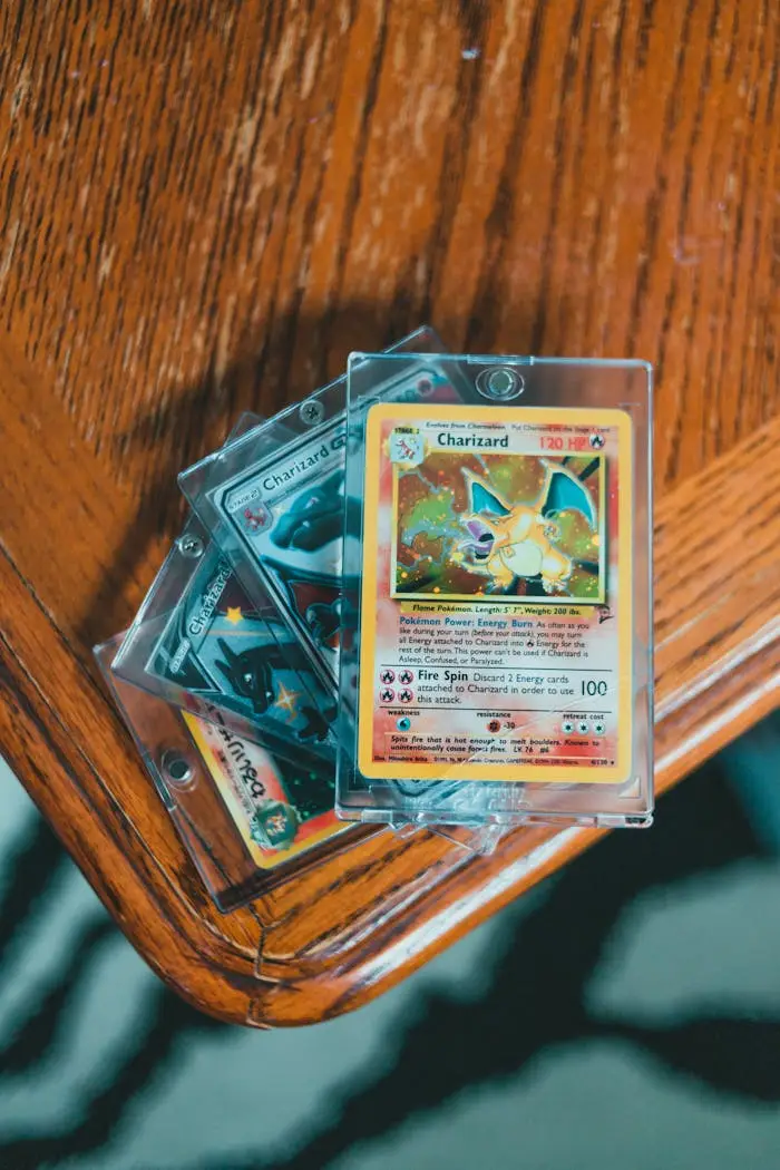 Home A set of valuable Pokemon trading cards displayed in protective cases on a wooden table.